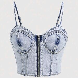 Washed Blue Denim Blue Crop Corset Top